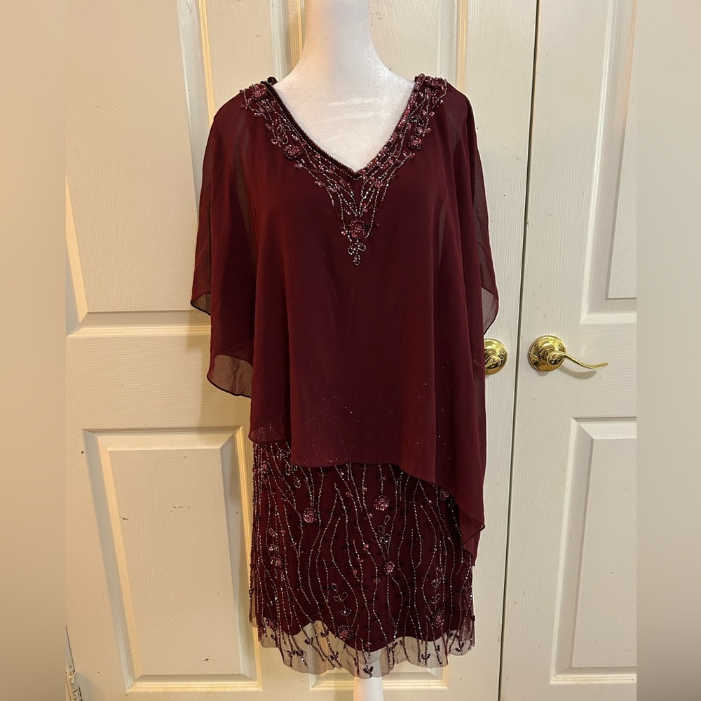NWT JKARA burgundy embellished special occasion dress, size 8